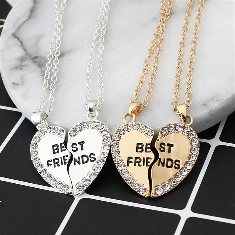 Hot Selling Love Gold 2 BFF Broken Heart Beat Pendant Fashion Diamond Best Friends Rhinestone Letter Necklace