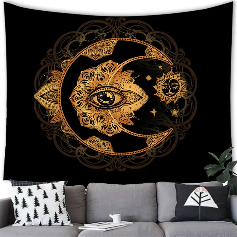 80W X 60L Inches Sacred Spirituality Esoteric Collection Aesthetic Sun and Moon Gold Eagle Black Tapestry for Bedroom