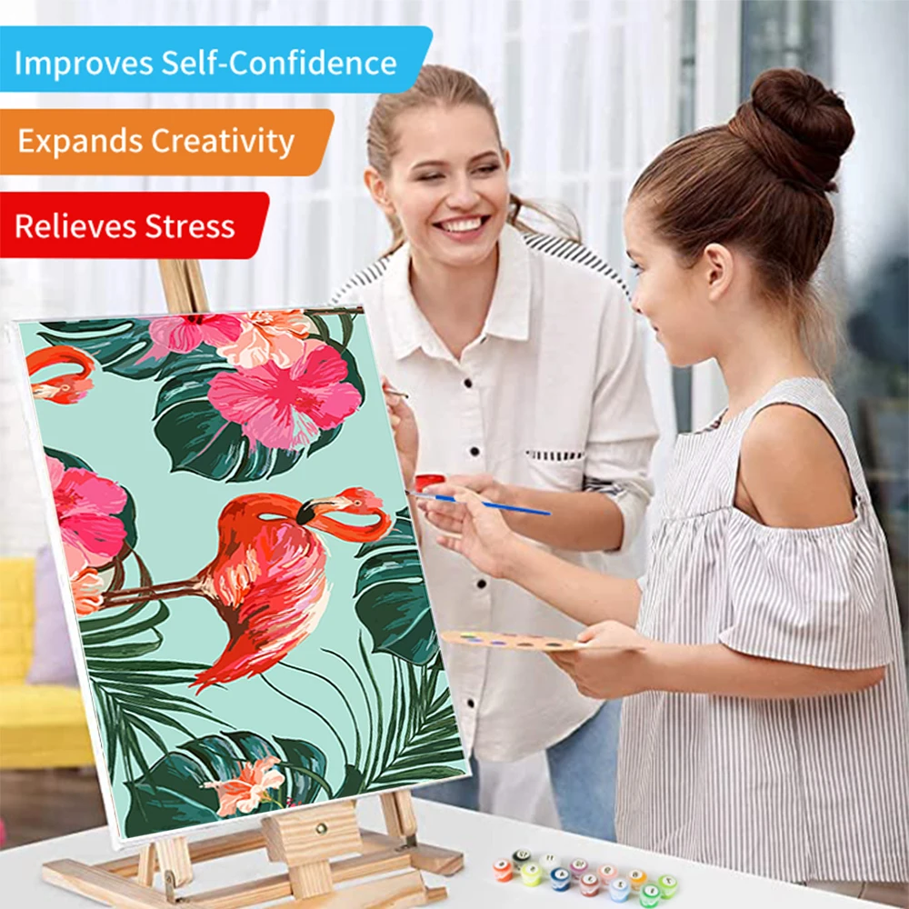 Animal Flamingo Oil Painting Tropical Jungle Paint by Number Kits 16 x 20 inch Canvas DIY Pink Flowers Oil