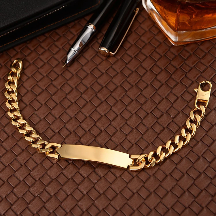 high quality polishing finish 18K gold PVD plated 7mm width stainless steel plate bracelet for men women