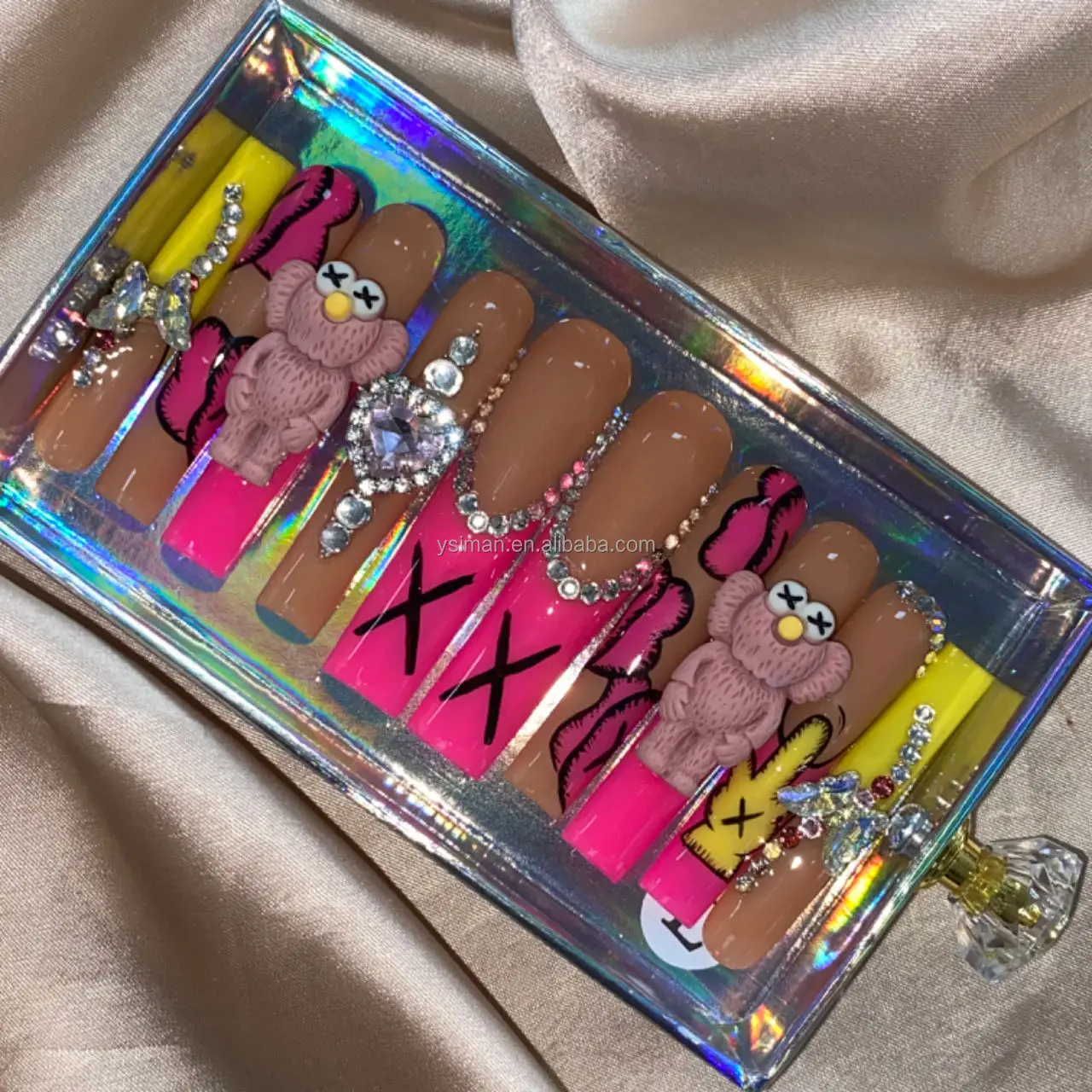 Luxury Bling Pink High Quality Bulk False 3d Acrylic Design Wholesale Custom Press On Nails With Rhinestones And Box