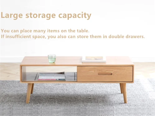 Modern Fashion Simple Style Long Rectangle Oak Coffee Table With Double Drawers