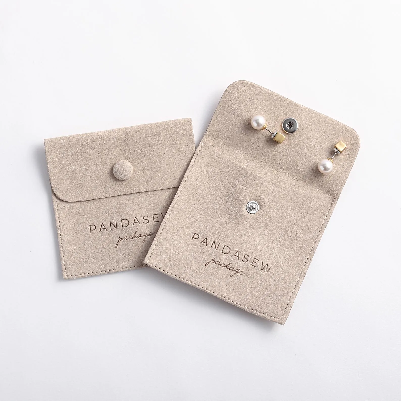 PandaSew Custom Logo Ring Packaging Suede Microfiber Snap Button Closure Jewelry Pouch Bags