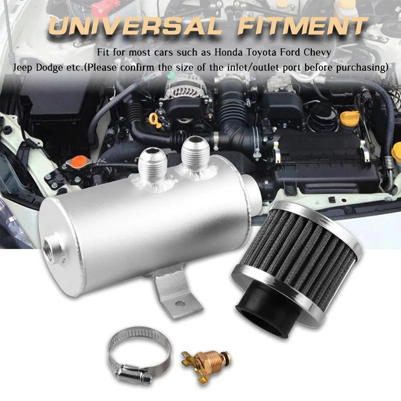 Universal Aluminum 750ml Oil Catch Can With Air Filter Tank 2-Port Baffled Reservoir with Drain Valve AN10 Filter Oil Catch Can