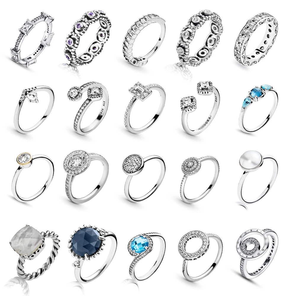 2024 New 100% S925 Classic geometry zircon blue crystal bow shell snowflake interwoven ring wholesale wedding female rings