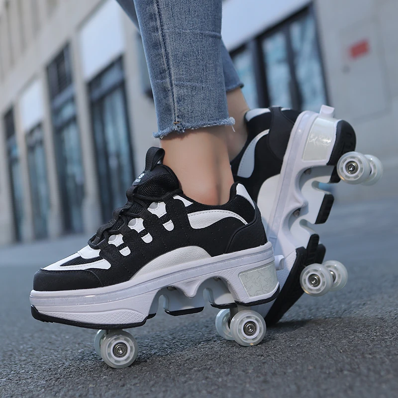 2024 new four-wheeled skate shoes for children and girls deformed men retractable shoes with rollers for girlsroller skates