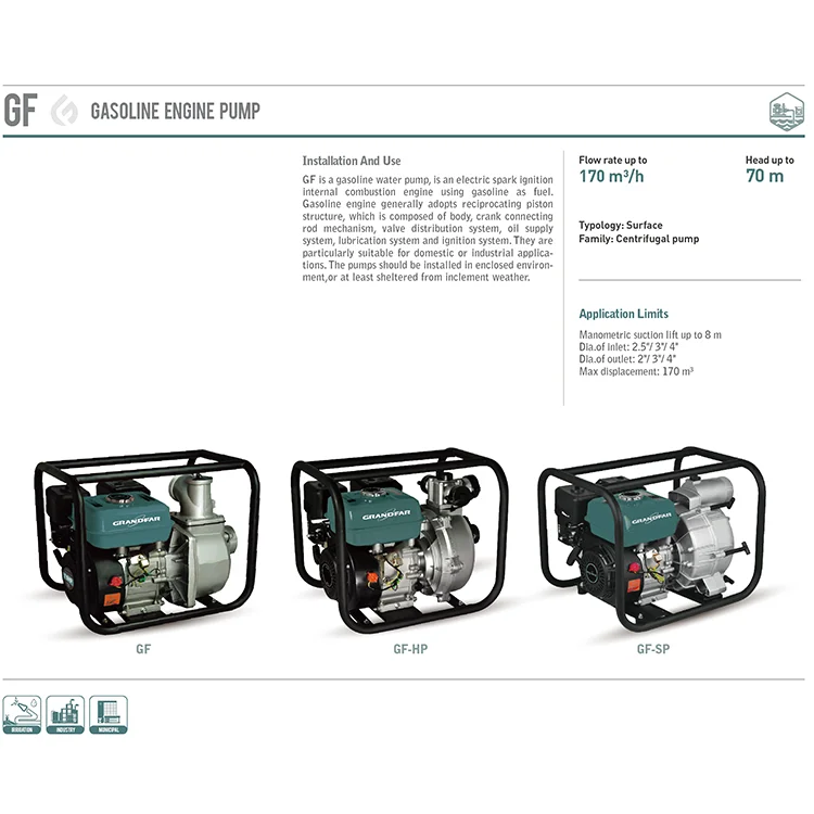 GRANDFAR gasoline 4 inch water pump 4 stroke 7.5HP recoil single cylinder gasoline power water pump for Agricultural irrigation