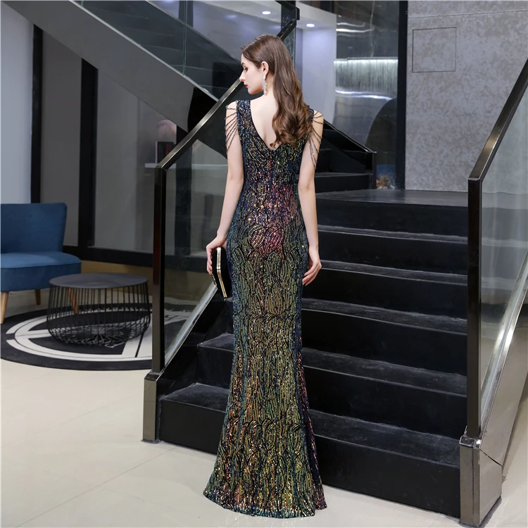 NWE2001Real Sample on Store Beaded Sexy Front Slit Fitted Evening Dress V-neck Party Dress