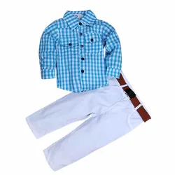 wholesale children clothes blue plaid boys shirt white pants two pieces boys wear kids clothing sets