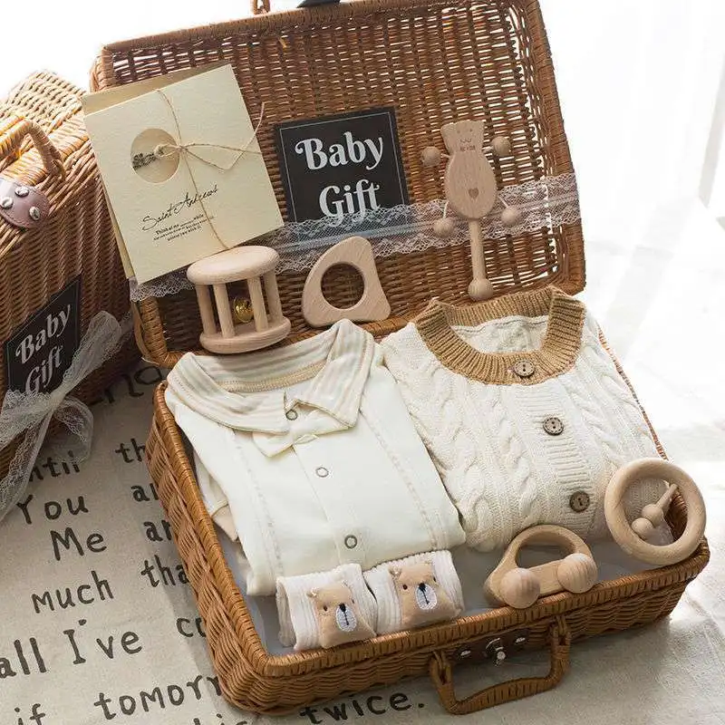 New Luxury rattan box unisex crochet newborn clothes baby gift set jumpsuits & rompers with wooden toys