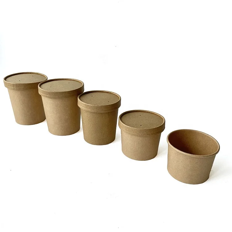 
custom compostable disposable biodegradable kraft paper soup cup with paper lid printing 
