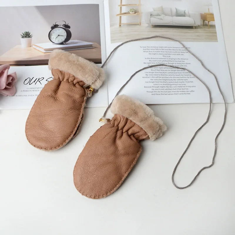 100% Hand-made Baby Real Lamb Fur Mitten Kids Fingerless Leather Yang fur gloves fingered baby Students go to school and keep wa