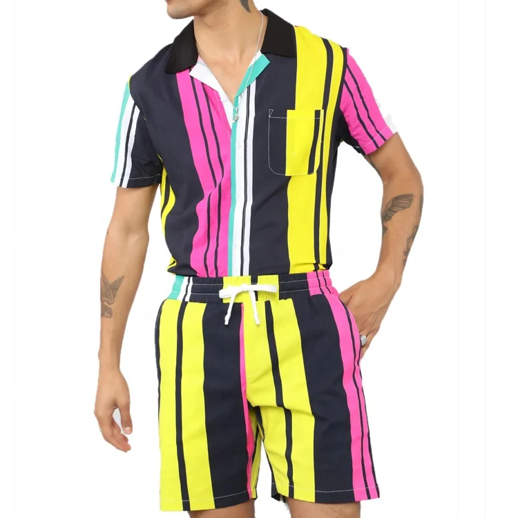 
2021 New Arrival Style Fashion Printed Men Shirt Casual Slim Fit Social Shirts And Shorts Set 