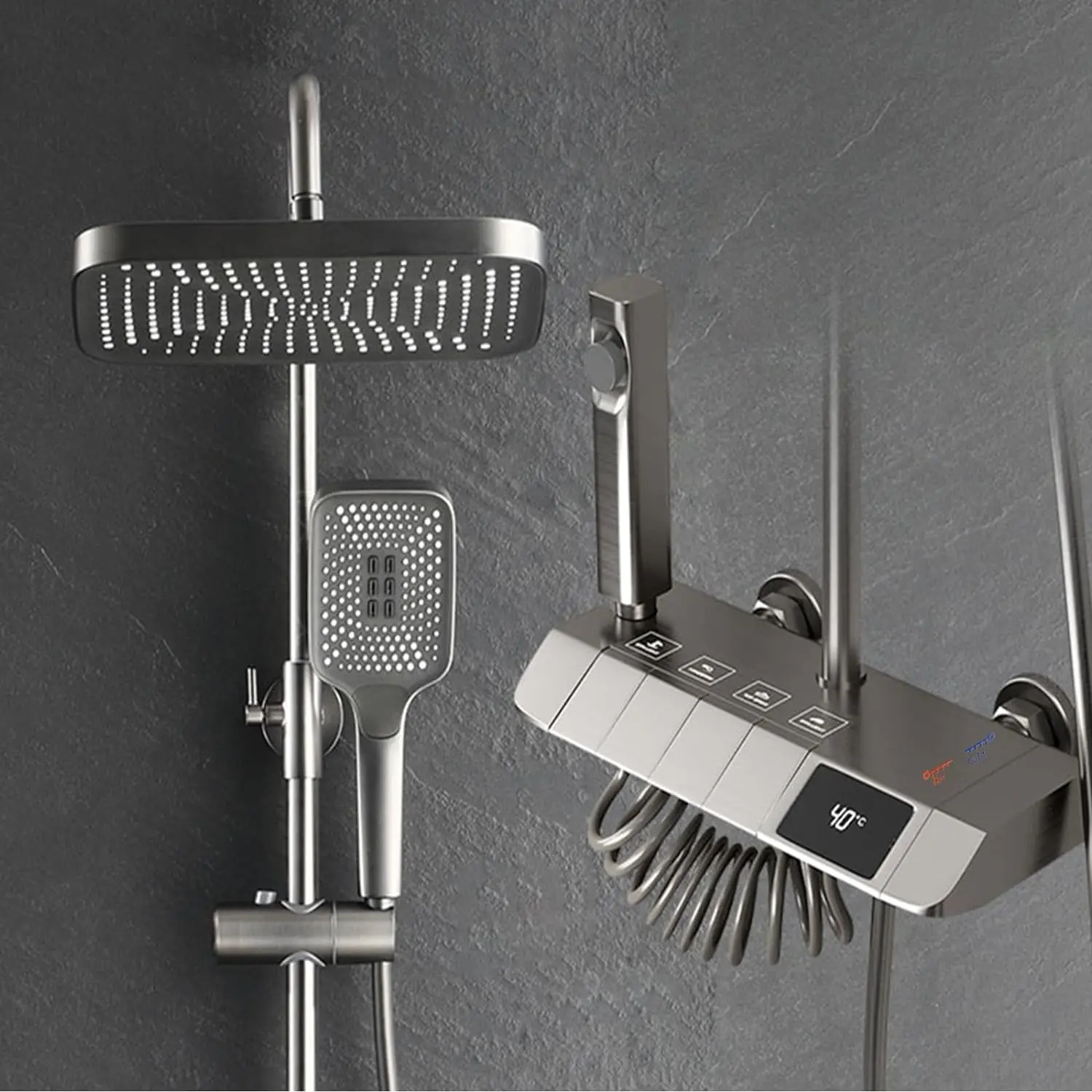 Digital Display Shower Faucet Set Wall Mount 4 Functions Piano Keys Rain Shower System