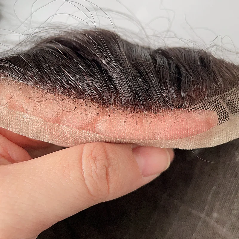 Customized real Remy Human Hair 110% density 1b 8x10 14 inch curly full hand made lace base Replacement System toupee for men