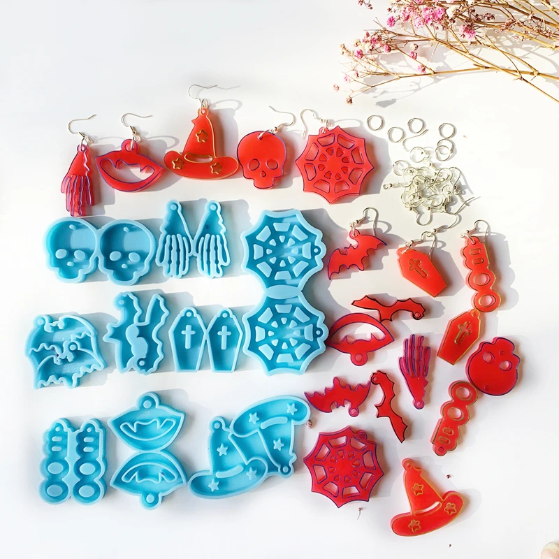 A155 Halloween Earring Silicone Mold Bat Coffin Pumpkin Ghost Spider Web Skull Skeleton Mold Jewelry Making Resin Craft Mold