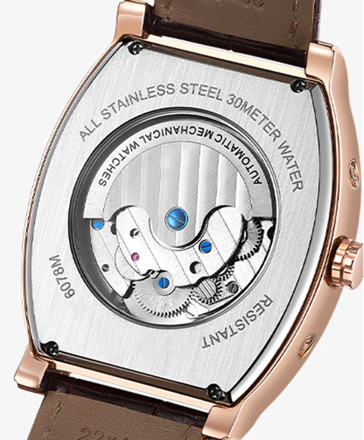 Fashion stainless steel barrel case skeleton flywheel 24 hour show men waterproof mechanical watches