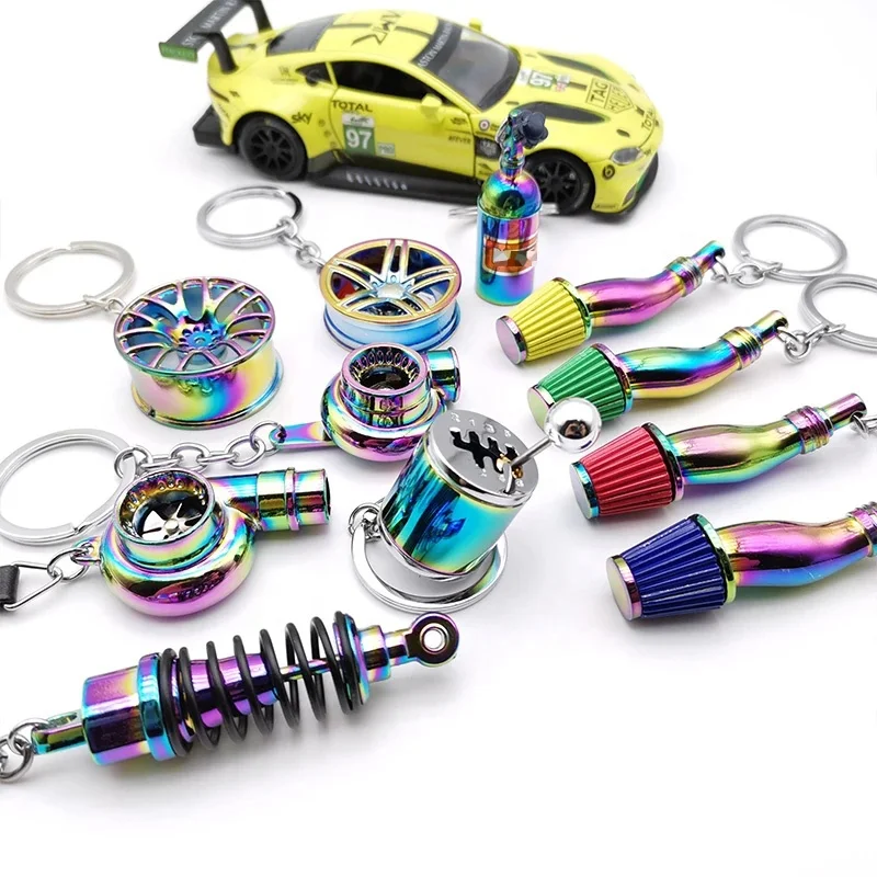 Rainbow Car Parts Keychain NEO Chrome Metal Keyring Wheel Hub Nitrogen Gas Bottle Shock Absorber Key Chain Whistle Turbine