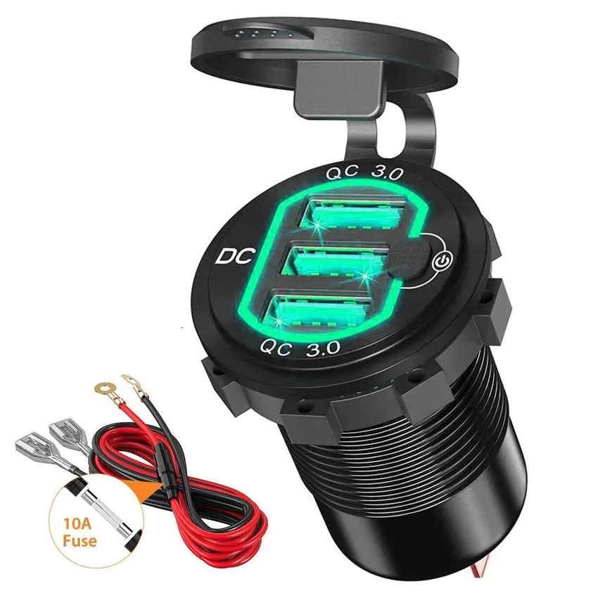 3 ports 12V USB Outlet 78W for iPhone Dual PD+QC3.0 USB Charger Socket with Switch Aluminum Power for Marine Motorcycle Truck