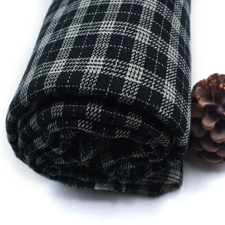 Korean fashion heavyweight 54% linen 46% polyester plaid fabrics checked black clothing manufacturing fabric for sale