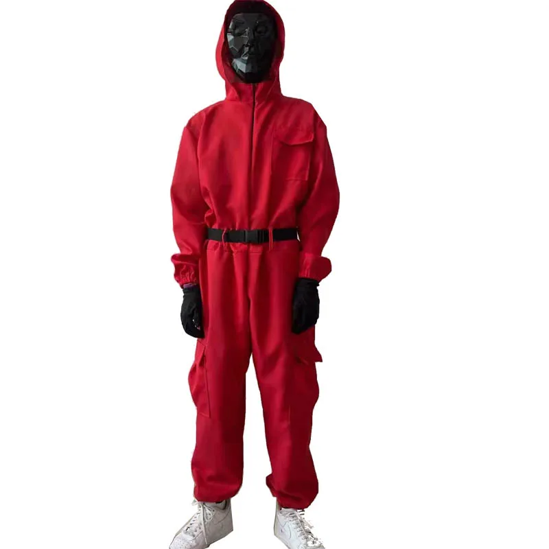 Hot sale Korea TV movie Squid Game Cosplay Costume Villain hooding red jumpsuit hooding clothes carnival costume