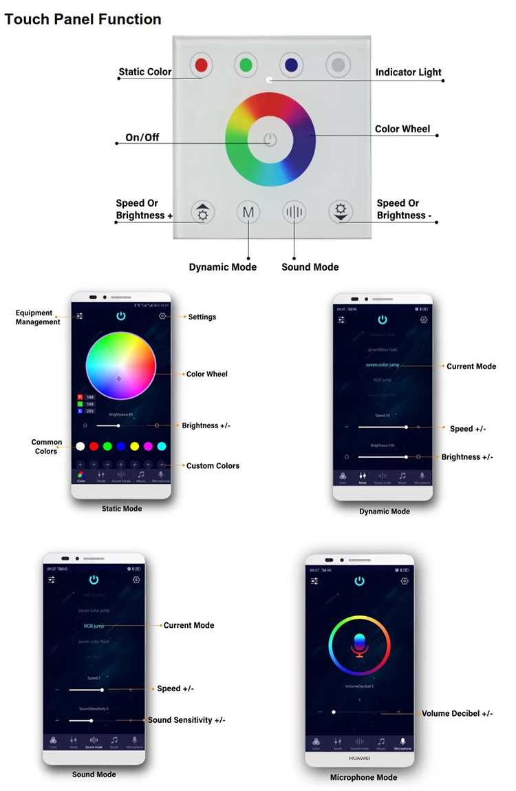 RGB  RGBW switch control Bluetooth APP sound for light strip dimmer connector