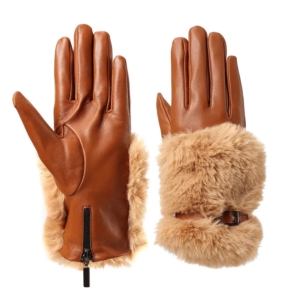 Popular Hand Warmer Faux Fur Sheepskin Winter Leather Gloves For Ladies