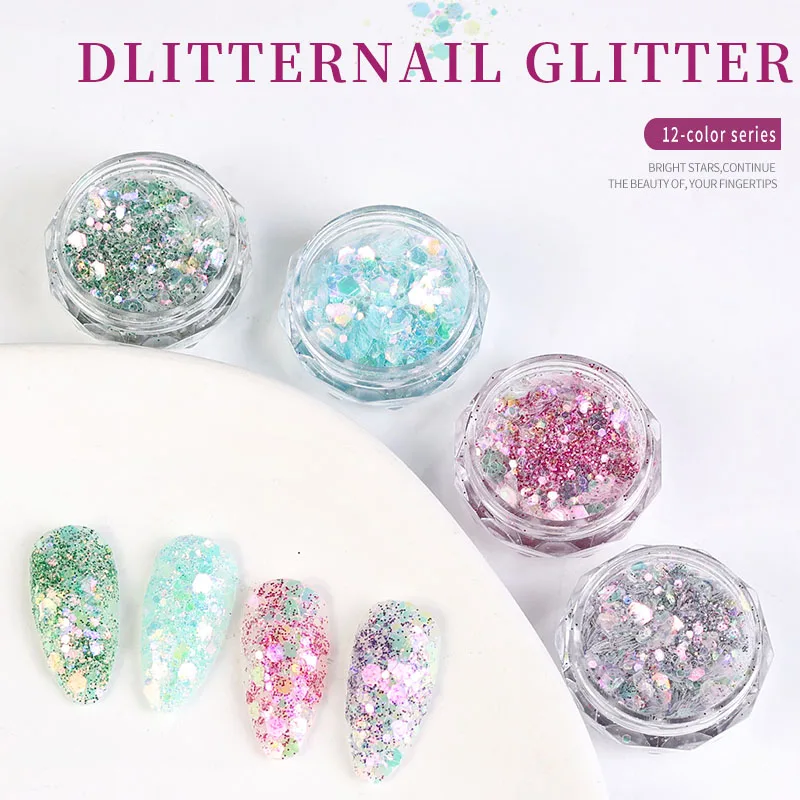 12 Colors Shimmer Aurora Mermaid Sequins Mixed Hexagon Sparkle Slices Nail Glitter Flakes