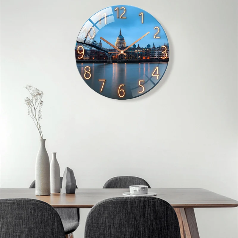 Glass Wall Clock Modern Design Landscape Light Luxury Colorful Art Reloj Pared Decorativo Clocks Living Room Bedroom Home Decor