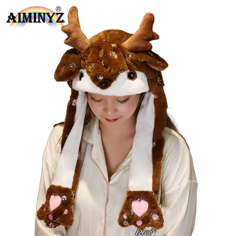 AIMINYZ Wholesale Animal Elk Hat Moving Ears LED Long With Jump Plush Hat for Adult Kids Cosplay Christmas Parties Gift Hat