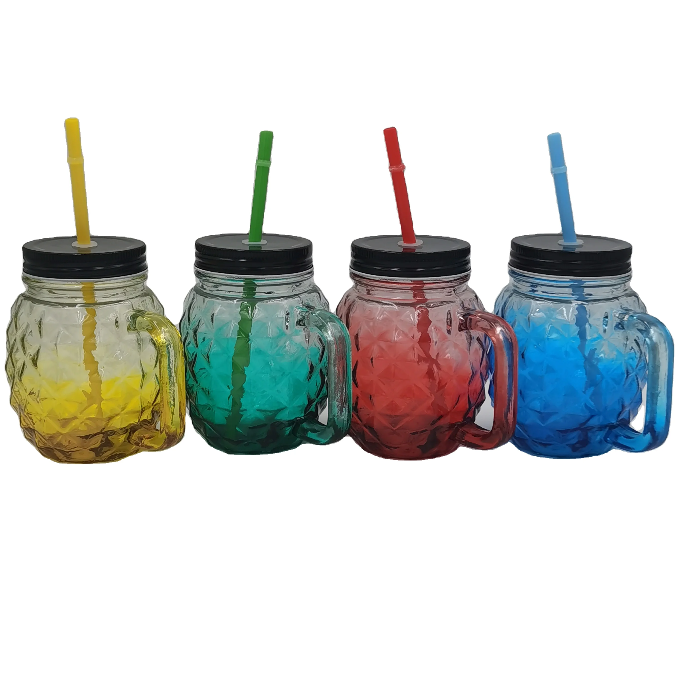 Wholesale 16oz 500ml colorful crystal diamond glass drinking cup with cap straws