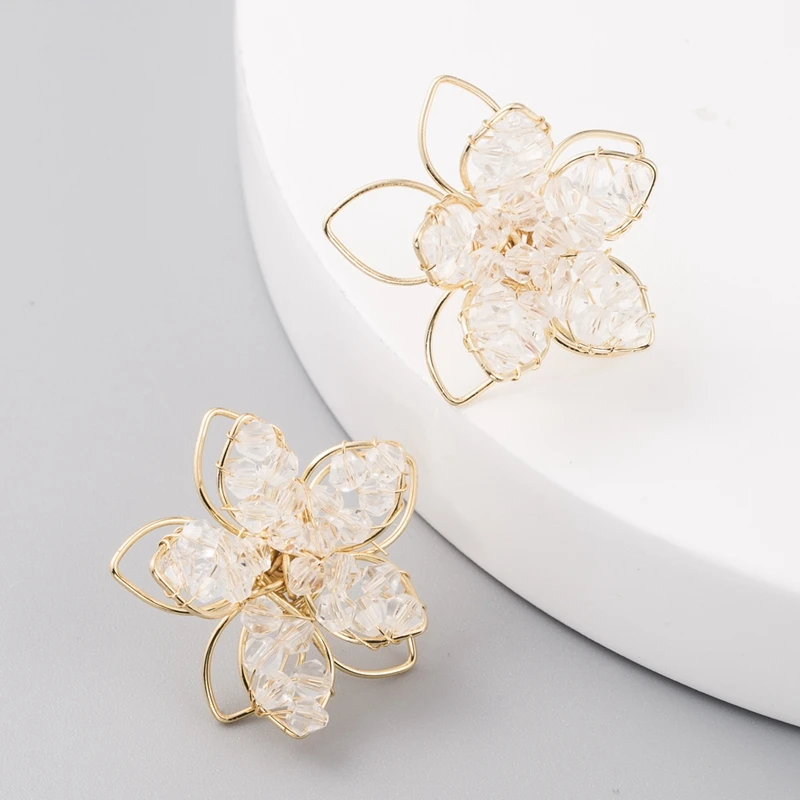 Wire Wrapped Crystal Beaded Earrings Fashion Flower Stud Earrings For Women