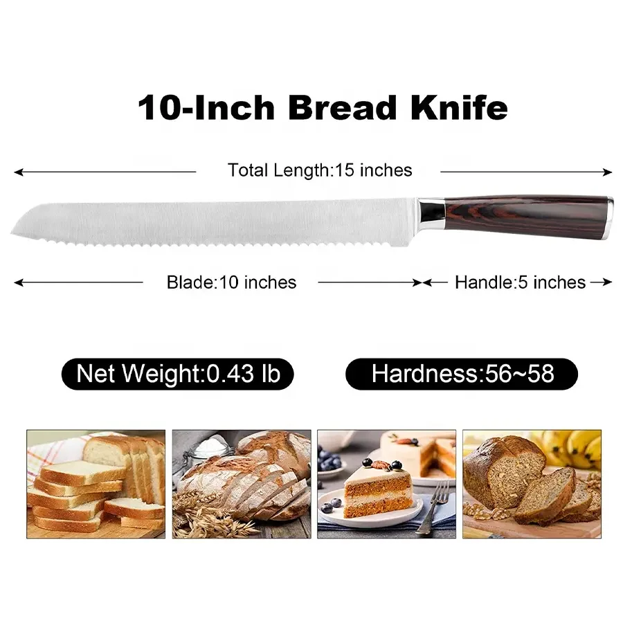 Customised Kitchen 8 Inch Bread Knives Stainless Steel Cake Knives Kitchen Serrated Bread Knife  Pakka Wood