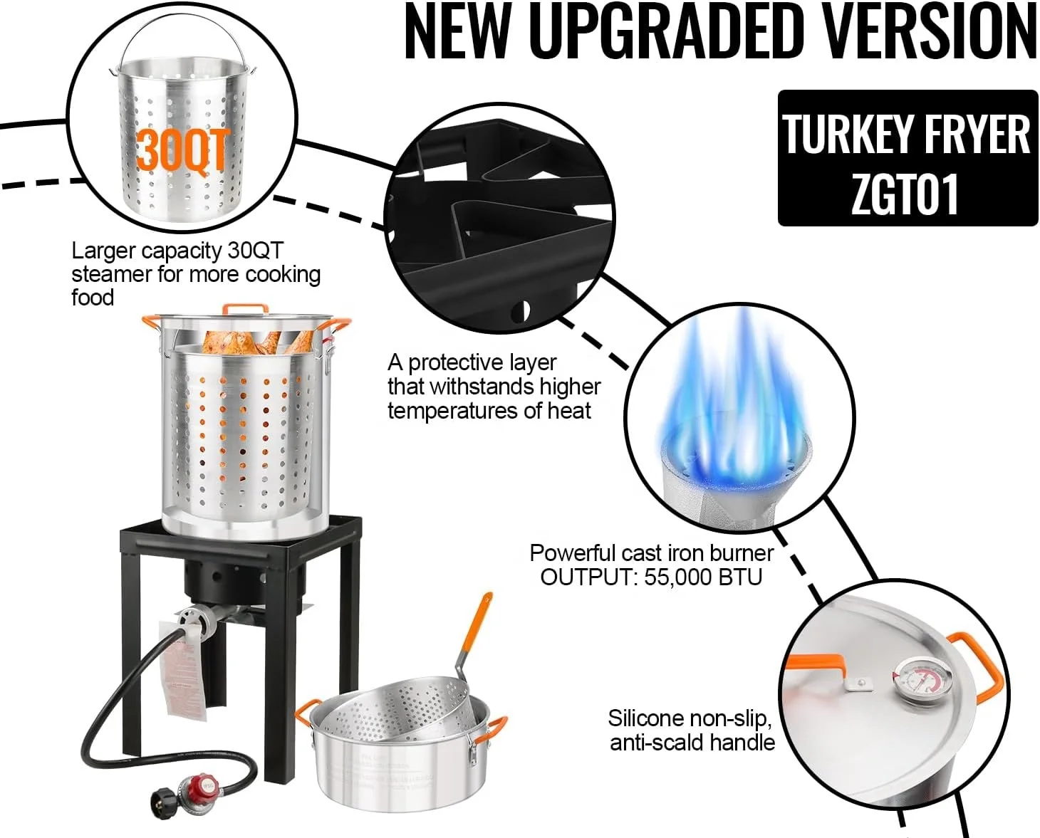 propane 30QT Turkey Fryer & 10QT Fish Fryer Kit w/ 55,000BTU Propane Stove, Outdoor Deep Fryer & Seafood Boiler Steamer
