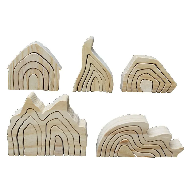 Montessori  Rainbow Children Creative 3D Wood Puzzle Wood Building Block Set Colorful Arch Bridge Toys for kids