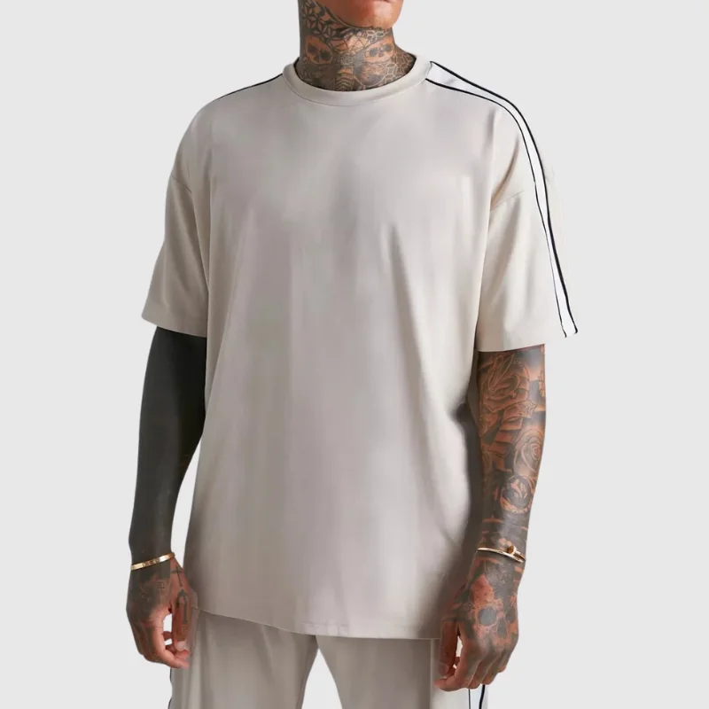 Top Quality Men 100% Cotton Oversized Striped T Shirt Custom Logo Big and Tall T Shirts Dropped Shoulder Tee Shirt