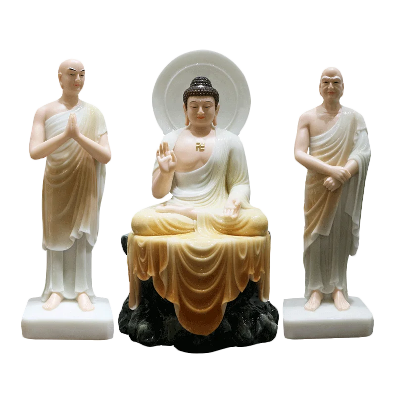 Chinese White Jade Whirlpool Three Sacred Buddha Statues Gold Crafts Guanyin Bodhisattva Jizo King Buddha Statue
