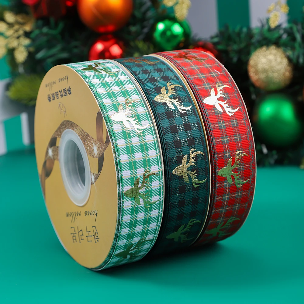 New 25mm wide Christmas gift ribbon with thermosetting hot stamping Santa Claus elk pine tree pattern ribbon