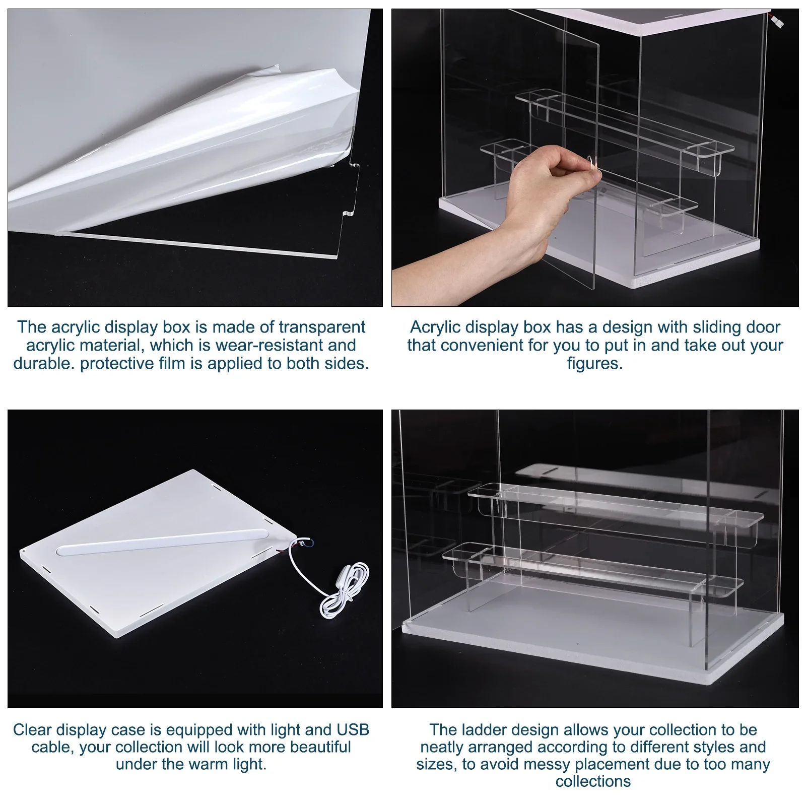 bespoke clear acrylic display case with LED light 4-tier dustproof showcase boxes for collectibles