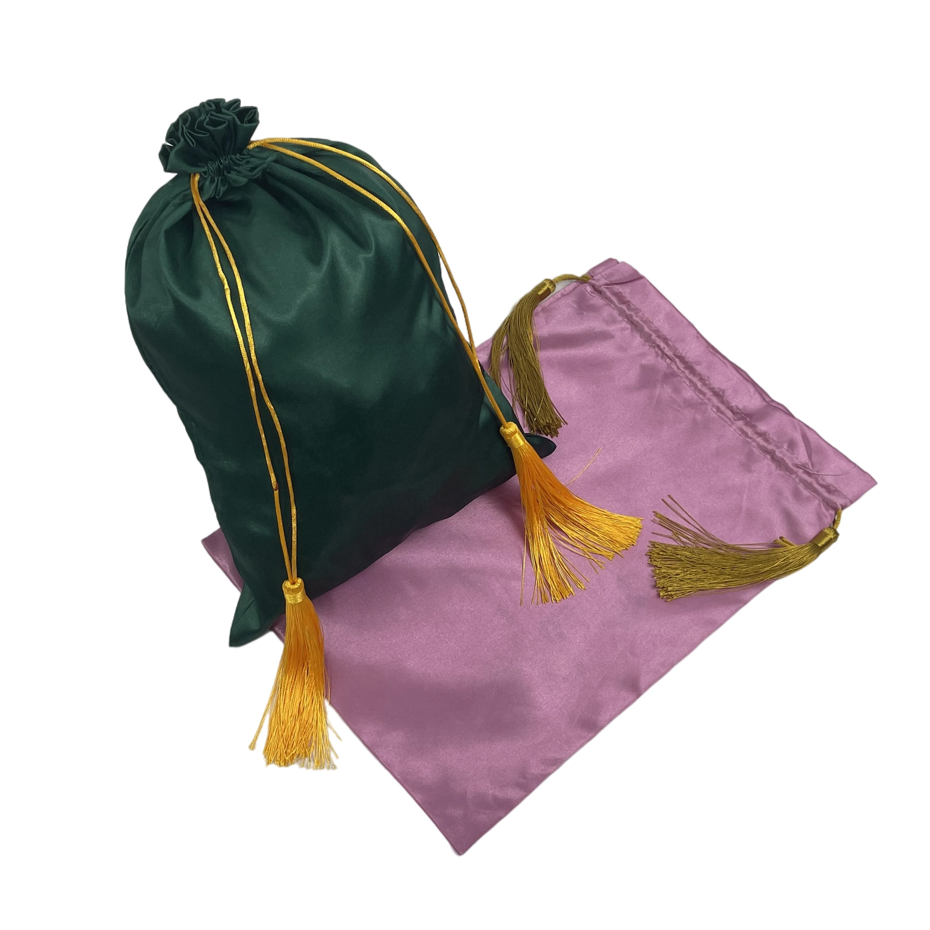 Custom logo custom satin bags for hair extensions,black satin bag for hair custom tassel satin bag,satin drawstring bag