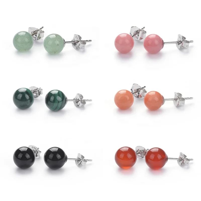 Cliobeads 925 Sterling Silver Jewelry 8mm Carnelian Malachite Amethyst Crystal Round Ball Natural Stone Stud Earrings