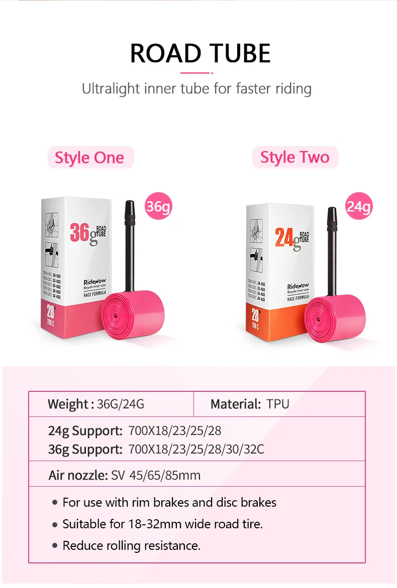 RideNow 36g 700C x 18 23 25 30 32 Road Bike Inner Tube with Presta Valve 65mm Superlight Bicycle Tube