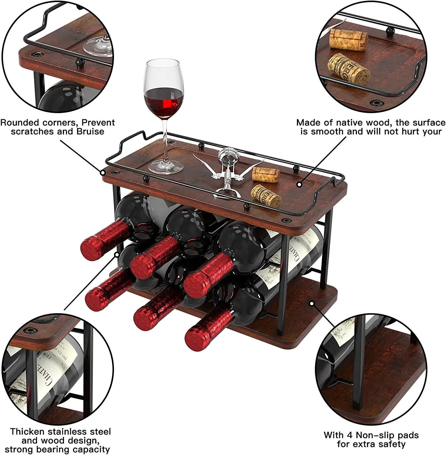 2 Tier Wooden Wine Rack Free Standing Floor Countertop Wine Rack
