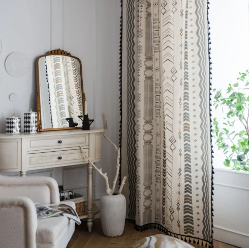 Spring and autumn beige cotton linen printed curtain finished American Rural Bohemian kitchen curtain