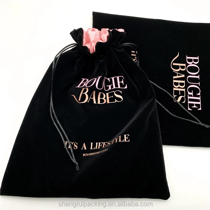 Large Velvet Hair Extensions Bags With Rose Gold Satin Lined