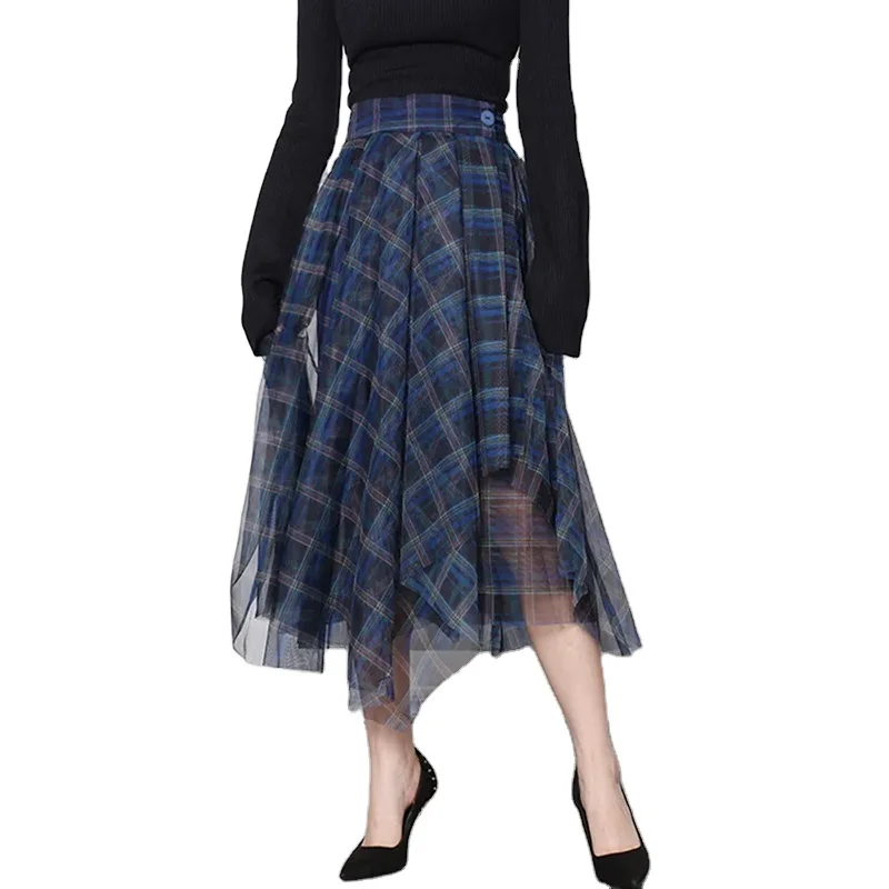 TWOTWINSTYLE Vintage Plaid Hit Color Ruched Irregular  Patchwork Mesh Female Skirt