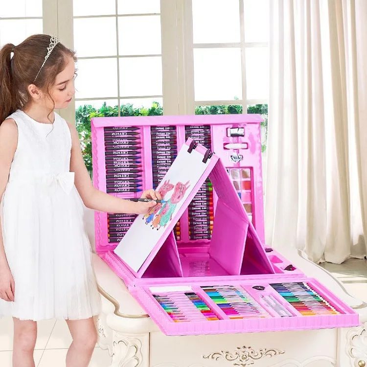 Top seller Colorful 208Piece Non-Toxic Plastic Case Kids Painting Drawing Art Set Coloring Book Stationery Set with easel