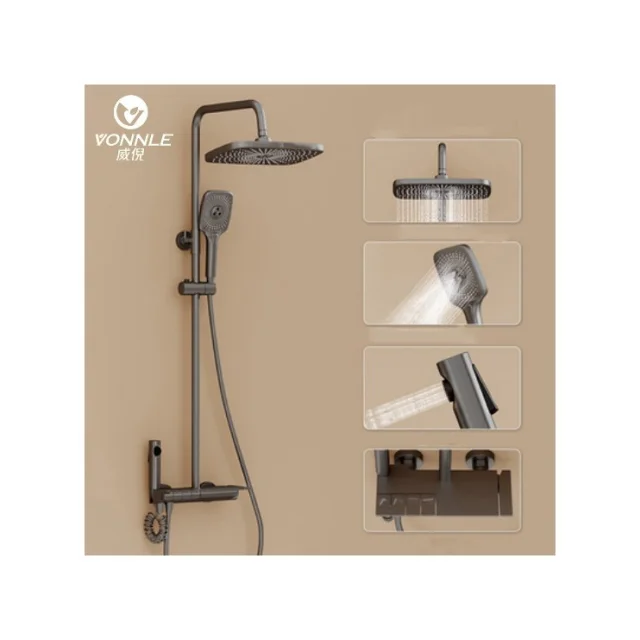 High-end grand piano key-type shower suit gun gray main body copper core valve thermostatic pressurized bathroom shower faucet