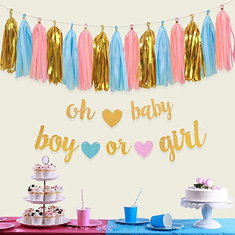 Блестящая бумага с надписью oh baby boy или girl баннер кисточками в комплекте для вечеринки честь рождения ребенка