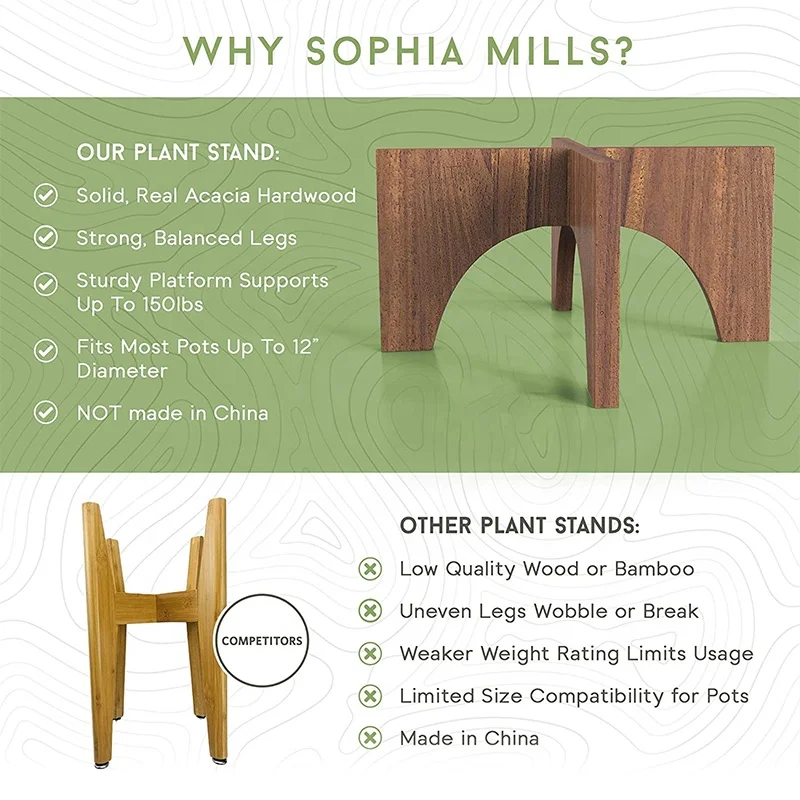 Wholesale mid century flat arch design acacia wooden indoor plant stand